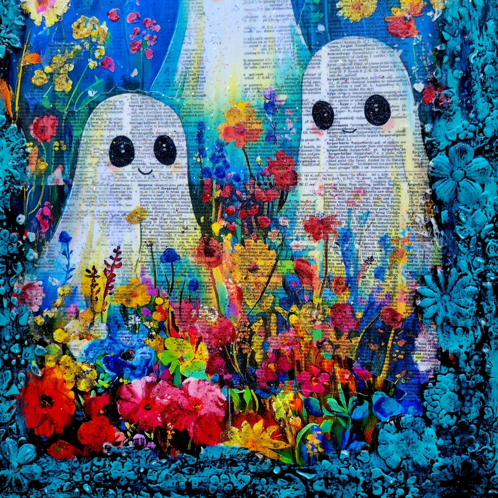 Ghosts In Wildflower Field Large 16x20 Canvas Mixed Media Art Creepy Cute Decor
